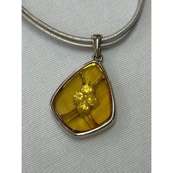 Yellow Glass Pendant Necklace With Silver Tone Trim Adjustable Cord - Picture 7 of 8